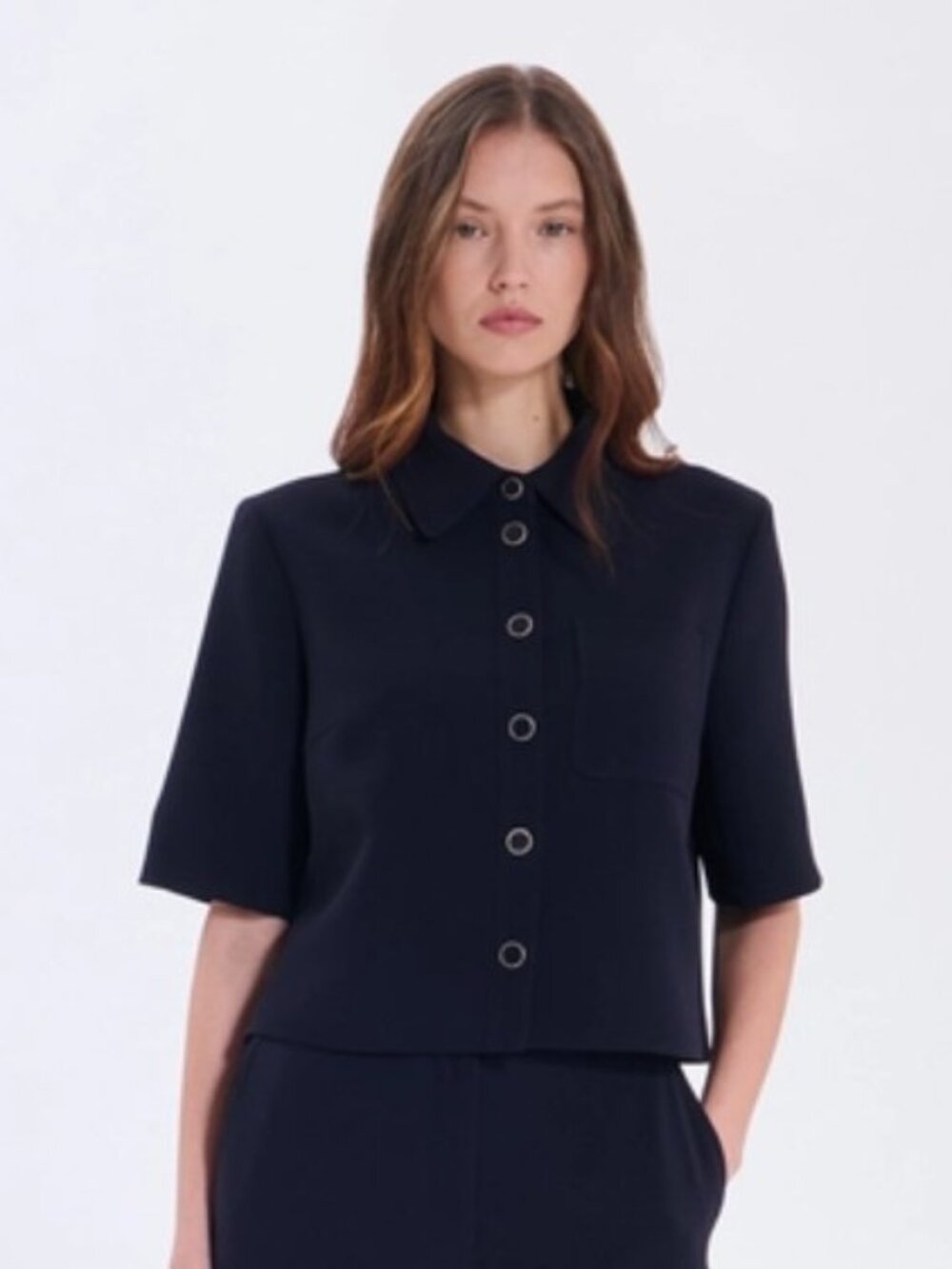NWOT ZAPA Celina Short Sleeve Bolero Jacket Shirt in Navy Nocturne